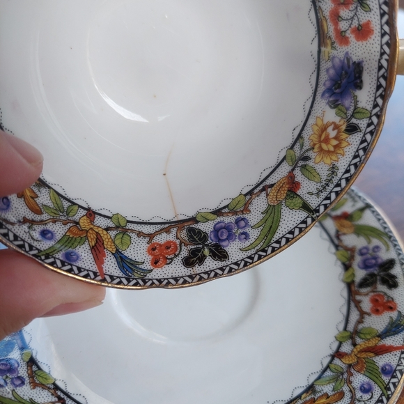 Antique Aynsley Fine China Teacup And Saucer Floral Hummingbird 1910 HAS CRACK - Picture 7 of 9